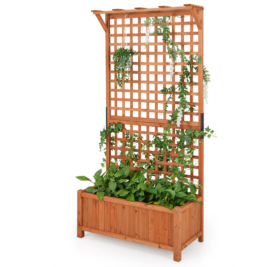 Topbuy Raised Garden Bed with Trellis Indoor & Outdoor Plant Container with Hanging Roof Drainage Holes for Climbing Vines Flowers