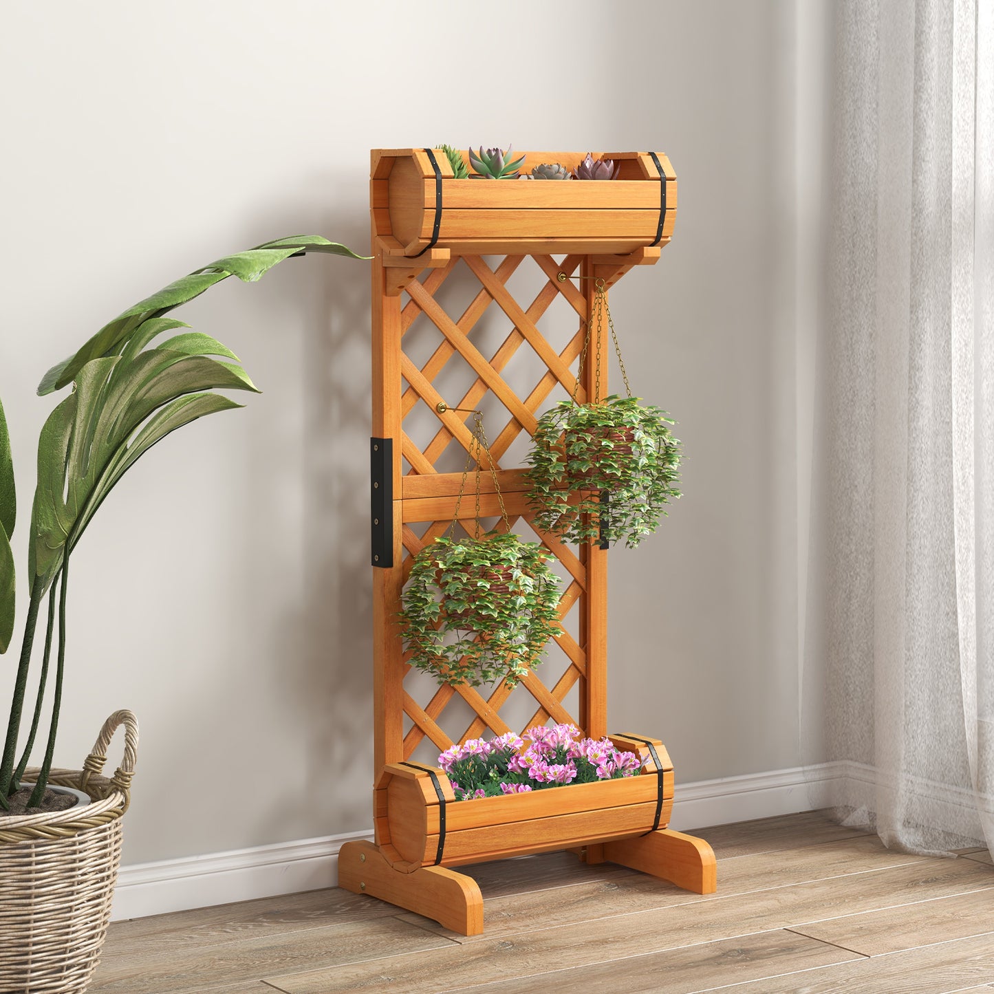 Topbuy 2-In-1 Raised Garden Bed with Trellis Removable Planter Boxes with Lattice Trellis 44.5'' Vertical Wood Flower Bed