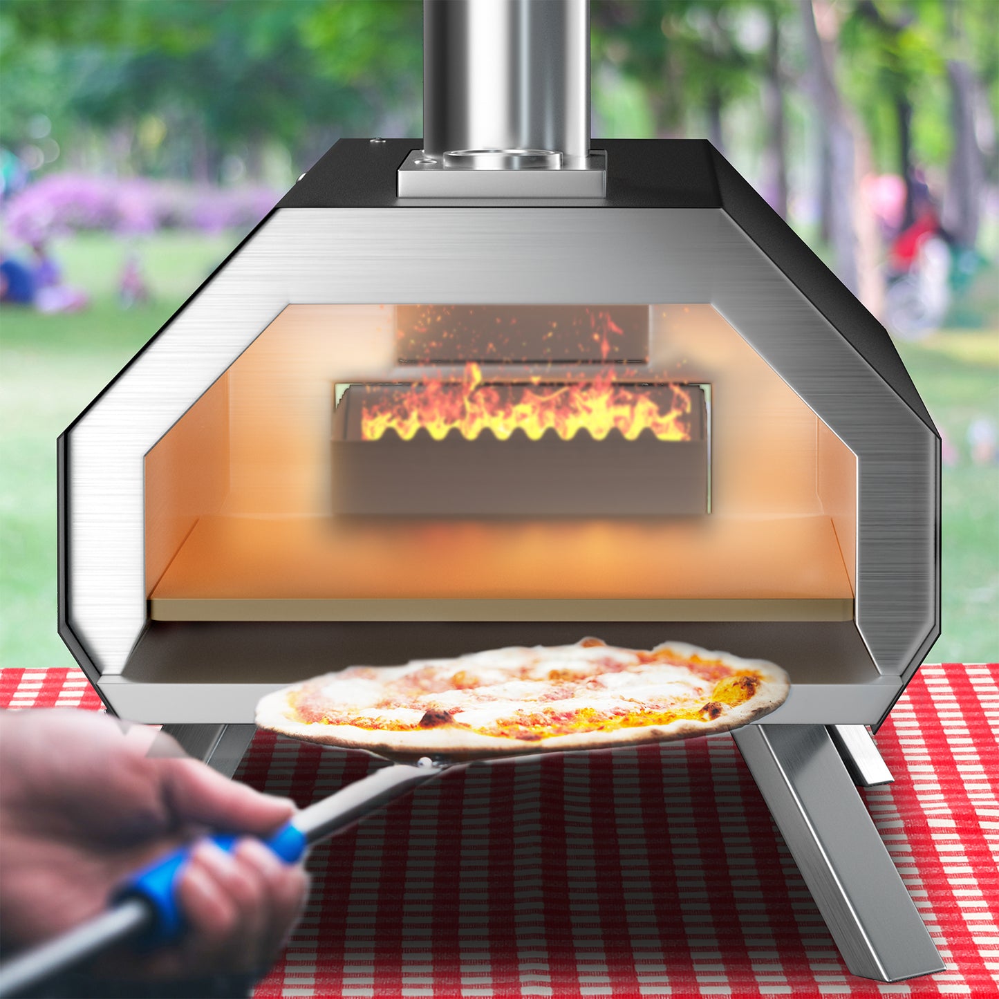 Topbuy 12 Inch Outdoor Pizza Oven Portable Wood Fired Stainless Steel Pizza Grill with Pizza Stone Foldable Legs Thermometer and Pizza Peel