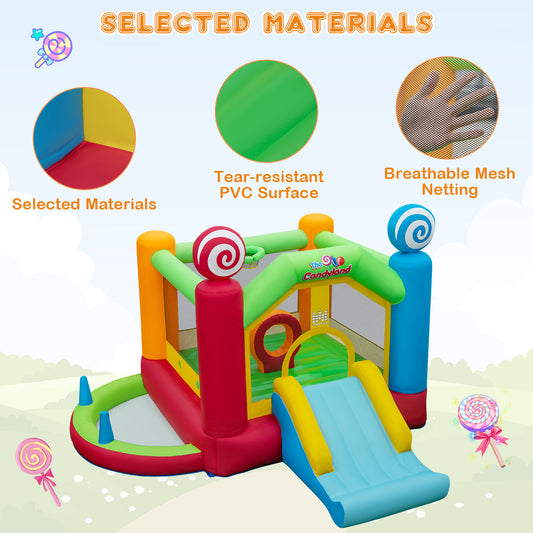 Topbuy Inflatable Bounce Castle Giant Candy Land Jumping House with Slide Ball Pit Basketball Hoop & 50 Ocean Balls