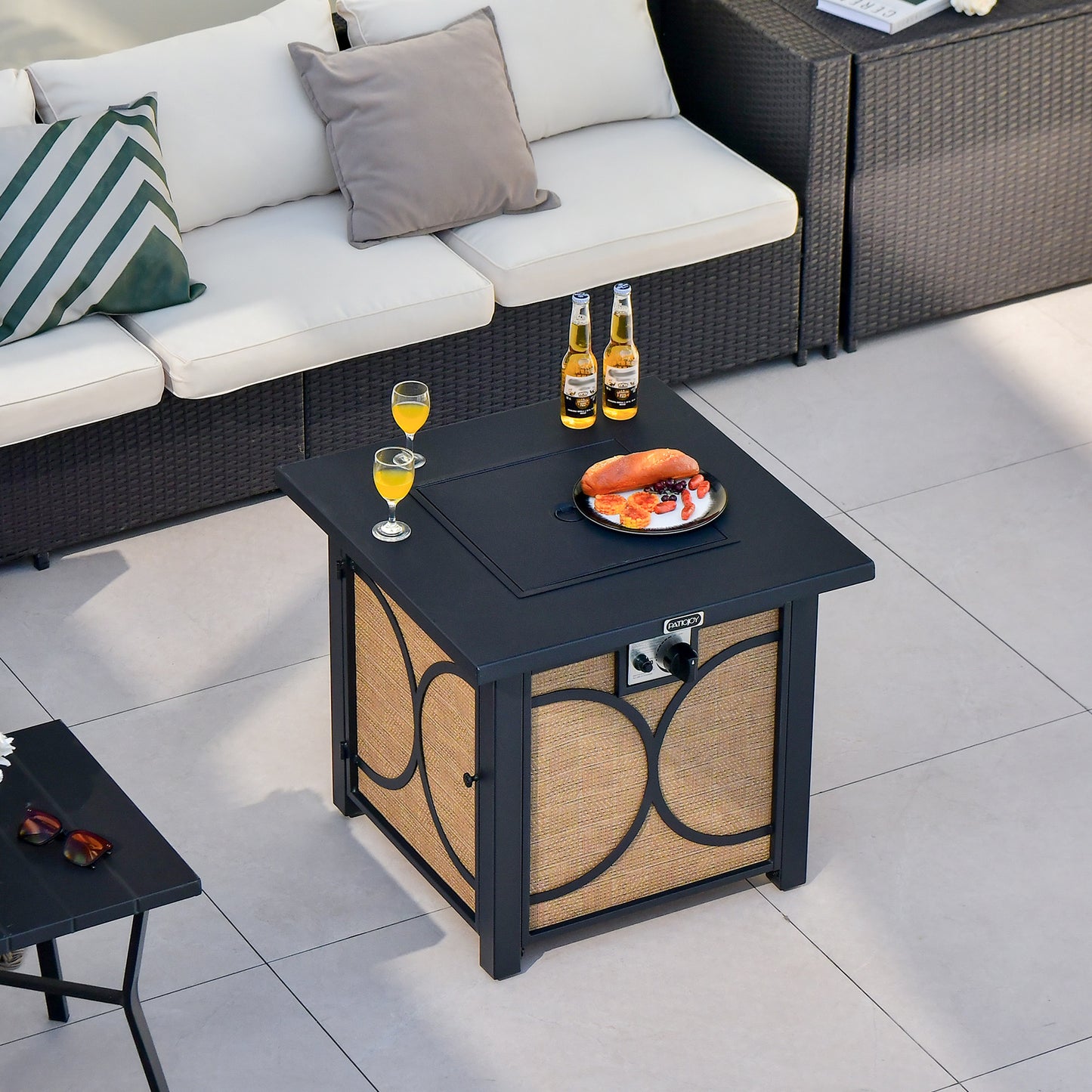 Topbuy 28 Inch Outdoor Square Fire Pit Table 50,000 BTU Propane Gas Fire Table w/ Fire Glasses & PVC Protective Cover