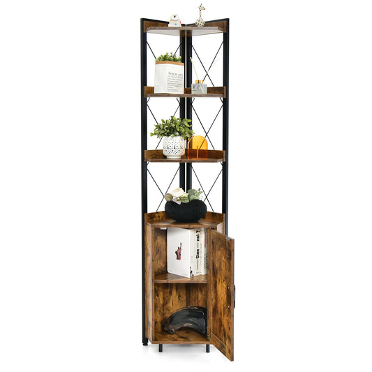 Topbuy 6-tier Corner Shelf with Cabinet 71 Inches Tall Corner Bookshelf with 5-position Adjustable Shelf & Door Free Standing Corner Storage Shelf