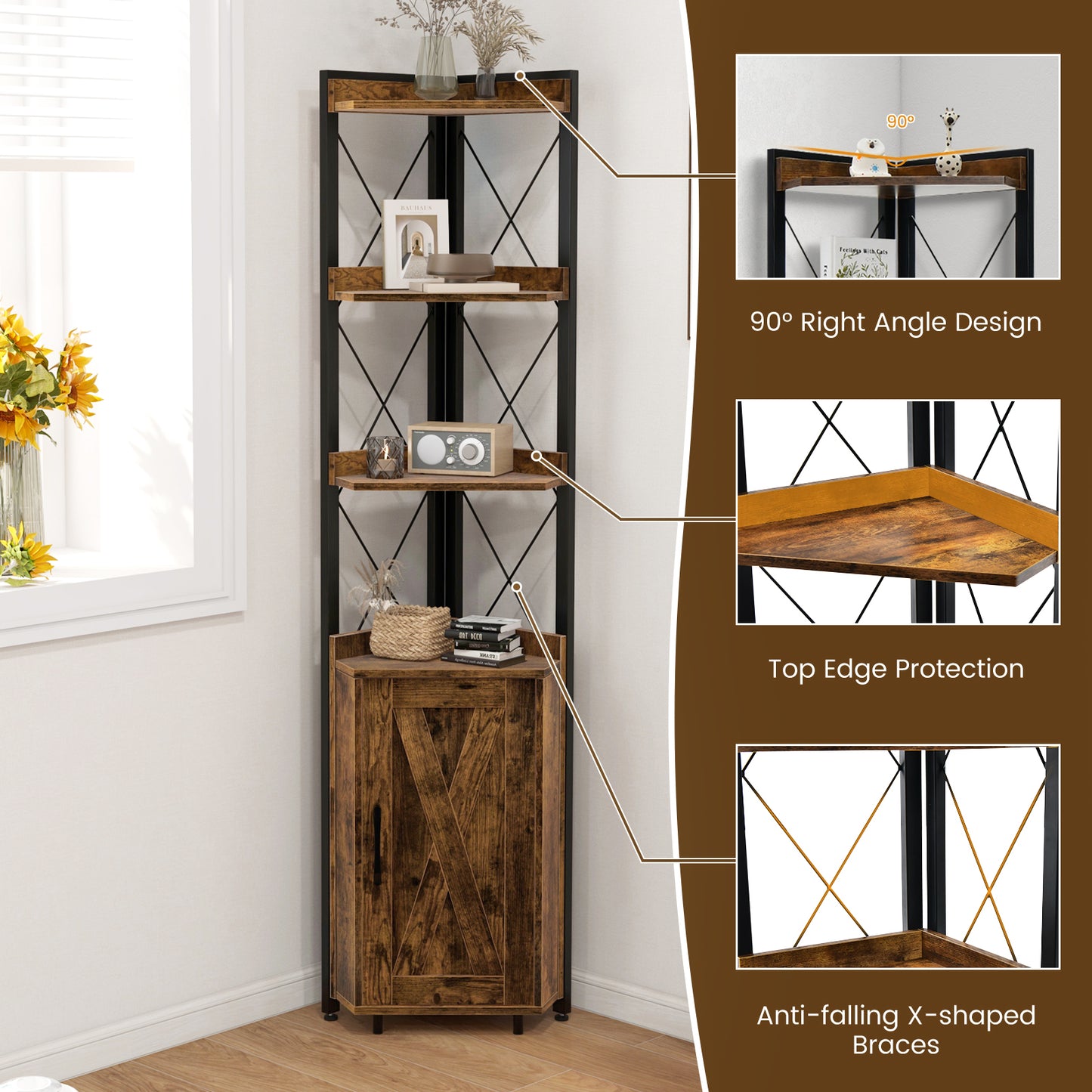 Topbuy 6-tier Corner Shelf with Cabinet 71 Inches Tall Corner Bookshelf with 5-position Adjustable Shelf & Door Free Standing Corner Storage Shelf