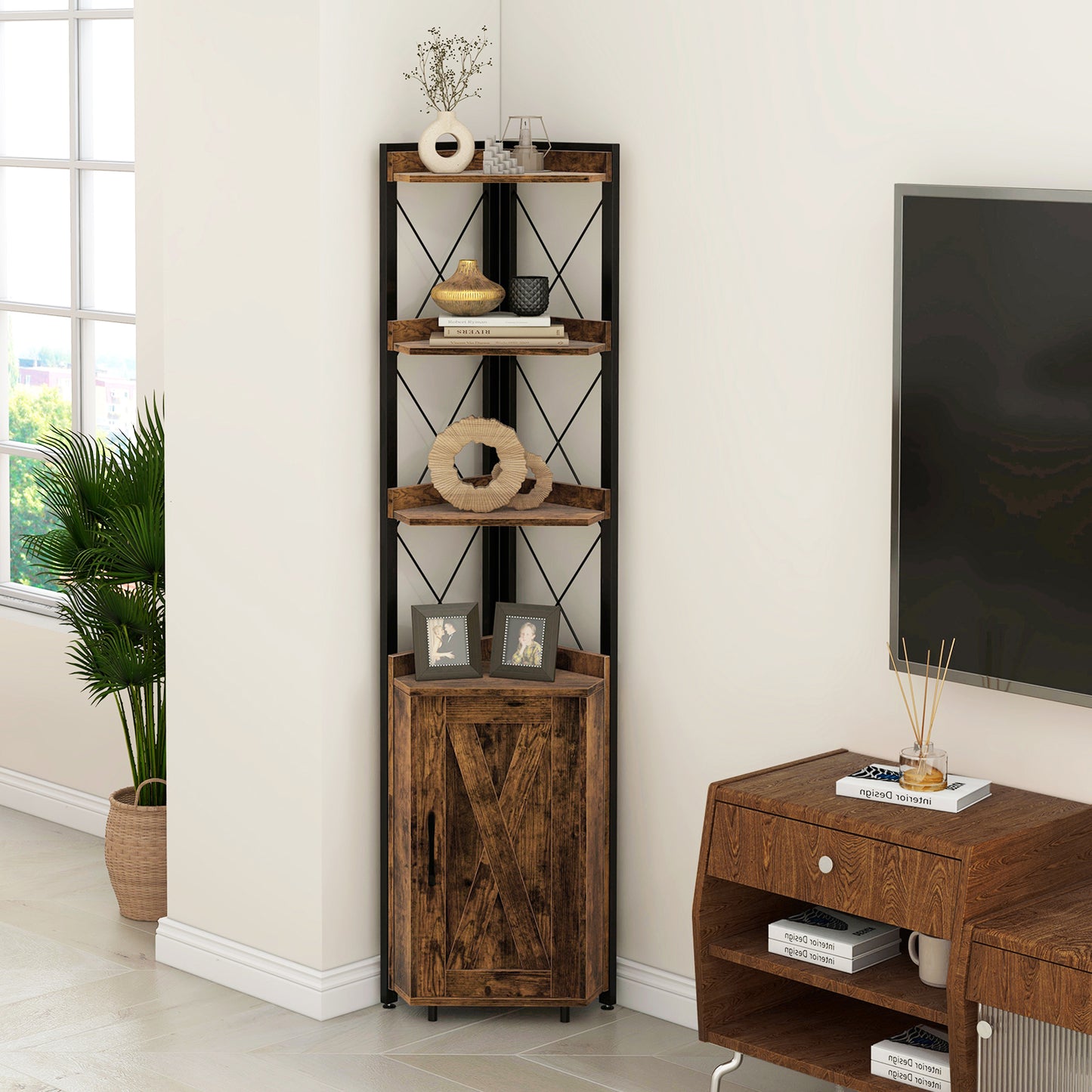 Topbuy 6-tier Corner Shelf with Cabinet 71 Inches Tall Corner Bookshelf with 5-position Adjustable Shelf & Door Free Standing Corner Storage Shelf