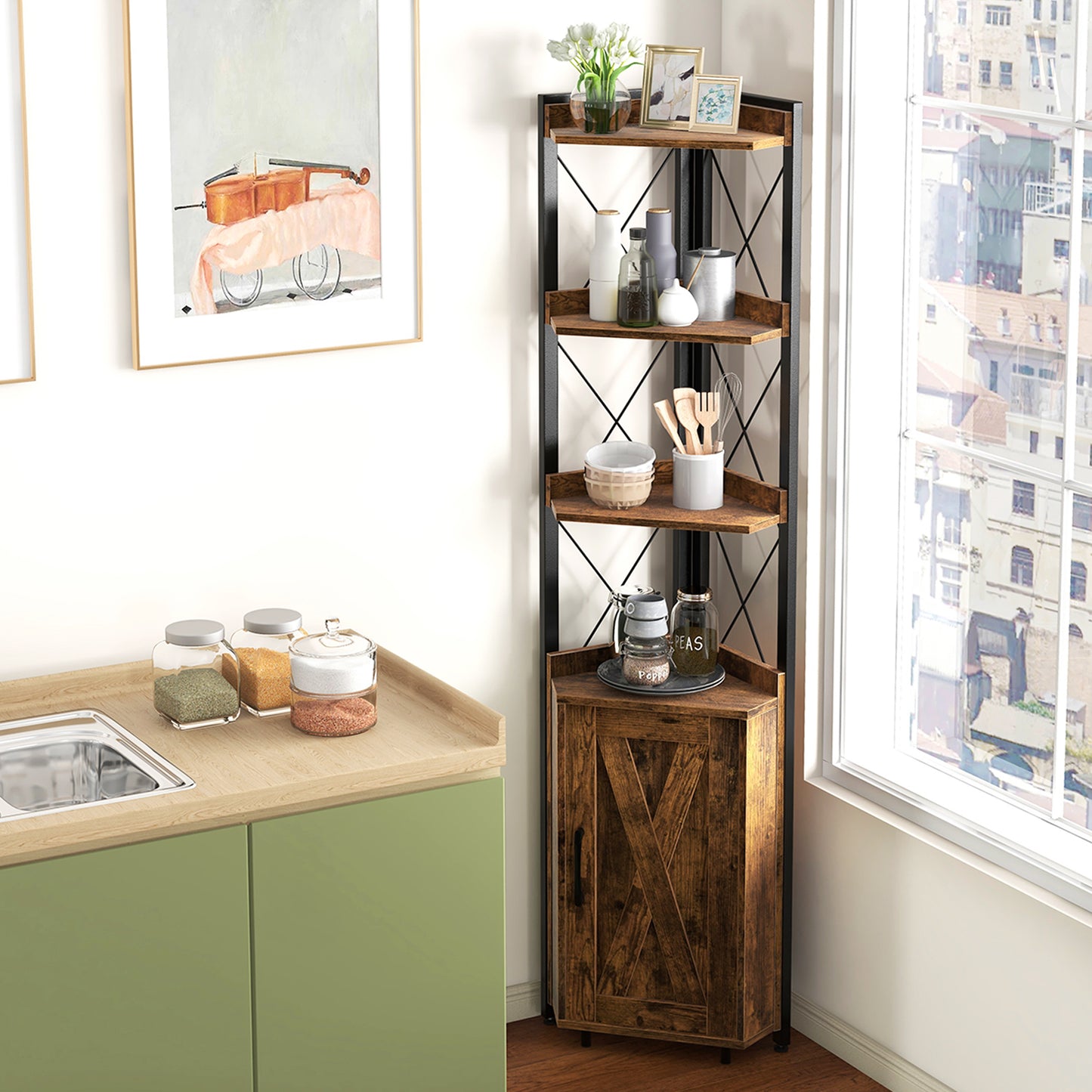 Topbuy 6-tier Corner Shelf with Cabinet 71 Inches Tall Corner Bookshelf with 5-position Adjustable Shelf & Door Free Standing Corner Storage Shelf