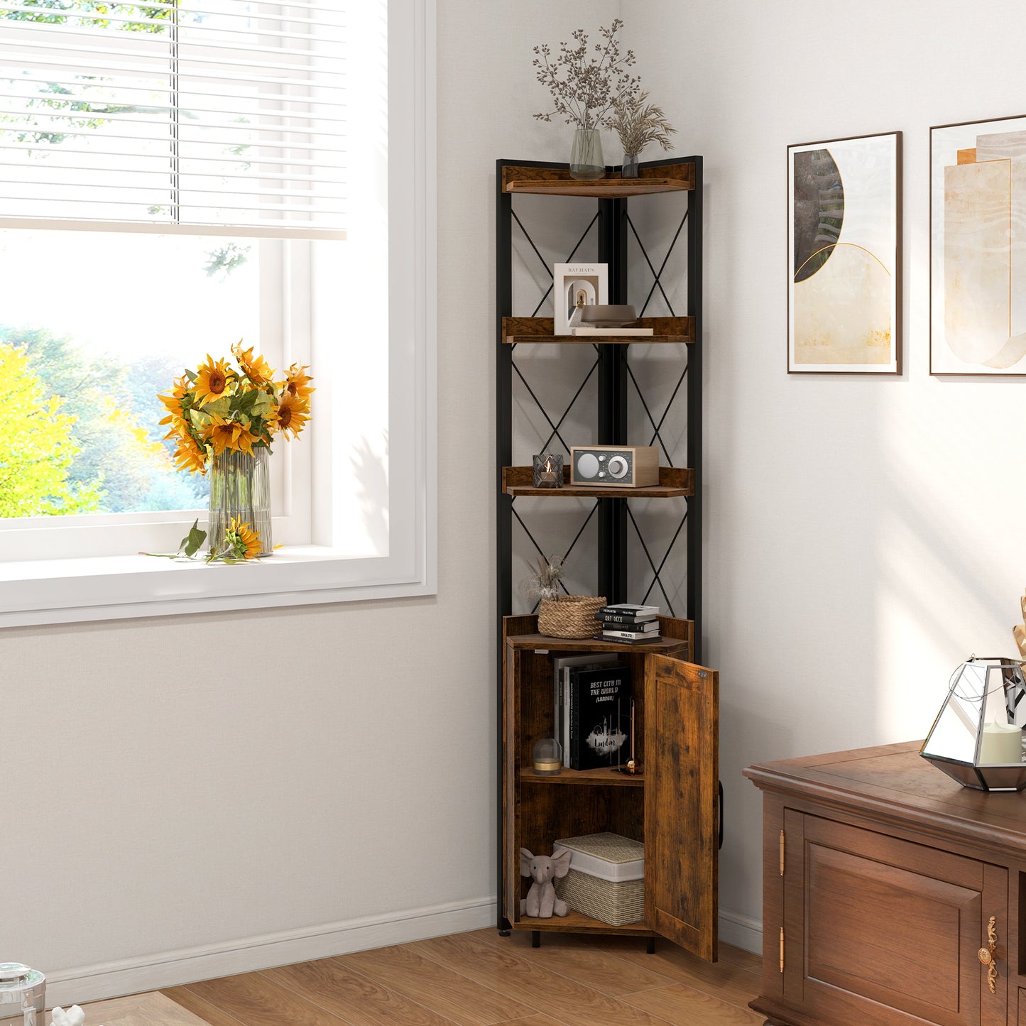 Topbuy 6-tier Corner Shelf with Cabinet 71 Inches Tall Corner Bookshelf with 5-position Adjustable Shelf & Door Free Standing Corner Storage Shelf