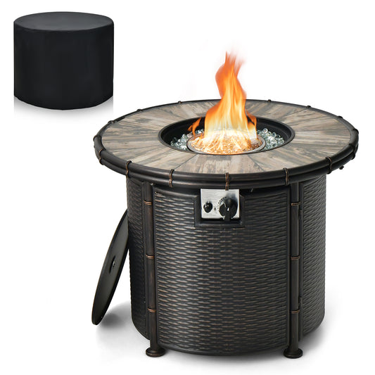 Topbuy 32 Inch Outdoor Fire Pit Table 30,000 BTU Round Metal Fire Table with Lid & PVC Cover & Glass Stones