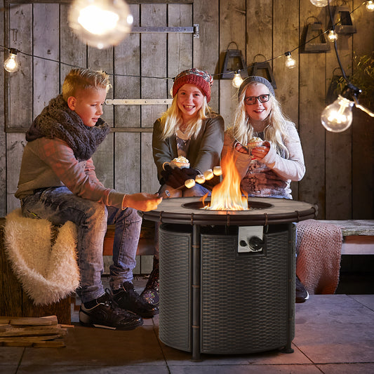 Topbuy 32 Inch Outdoor Fire Pit Table 30,000 BTU Round Metal Fire Table with Lid & PVC Cover & Glass Stones