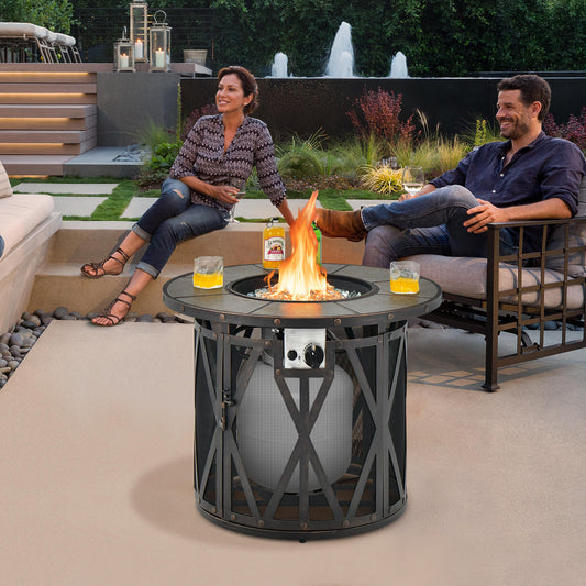 Topbuy 32 Inch Outdoor Fire Pit Table 30,000 BTU Round Metal Fire Table with Lid & PVC Cover & Glass Stones CSA Approved