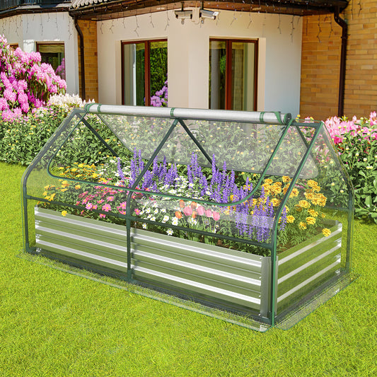 Topbuy 6FT x 3FT x 3FT Galvanized Raised Garden Bed with Greenhouse Bottomless Flower Bed with Clear Cover Outdoor Planter Box Kit