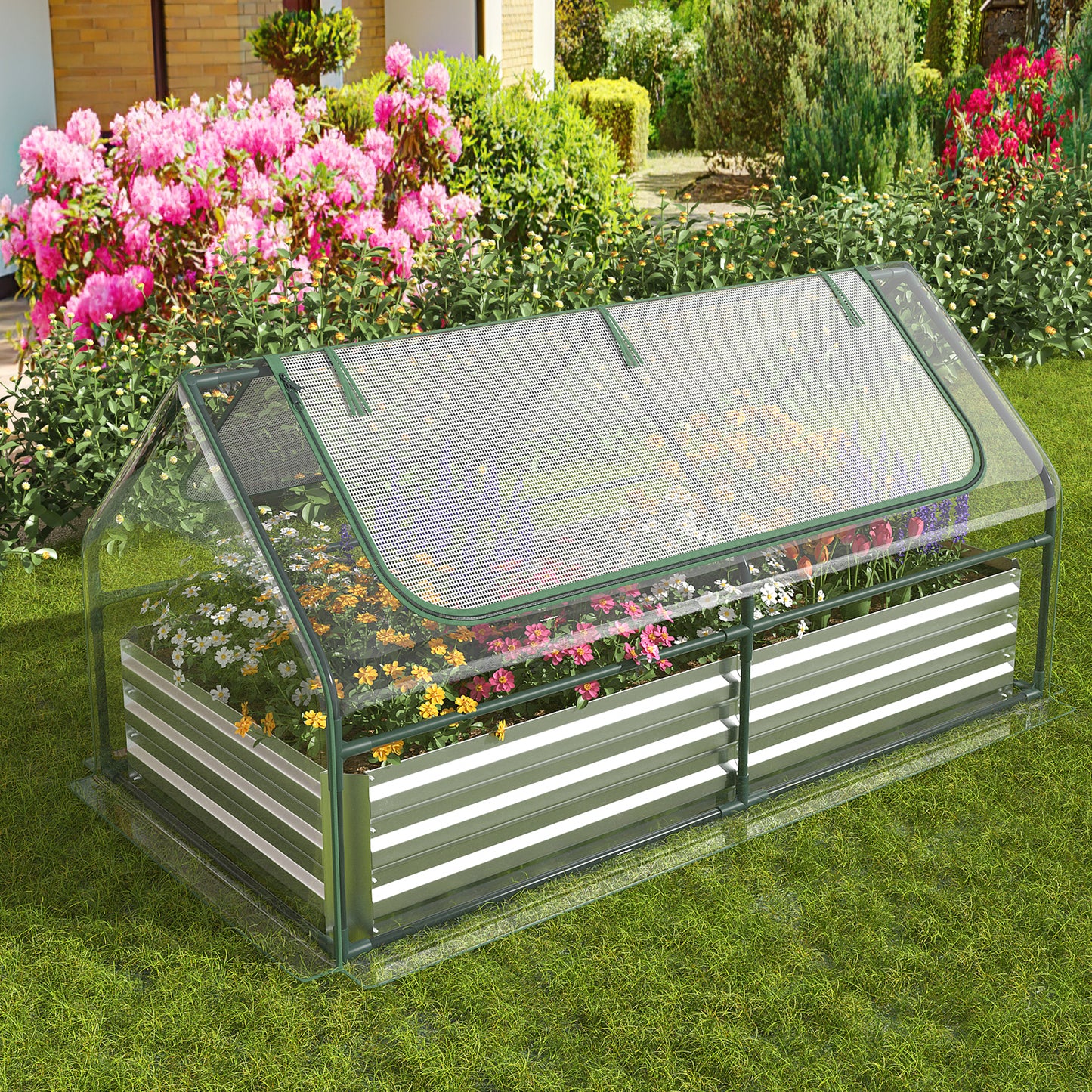 Topbuy 6FT x 3FT x 3FT Galvanized Raised Garden Bed with Greenhouse Bottomless Flower Bed with Clear Cover Outdoor Planter Box Kit