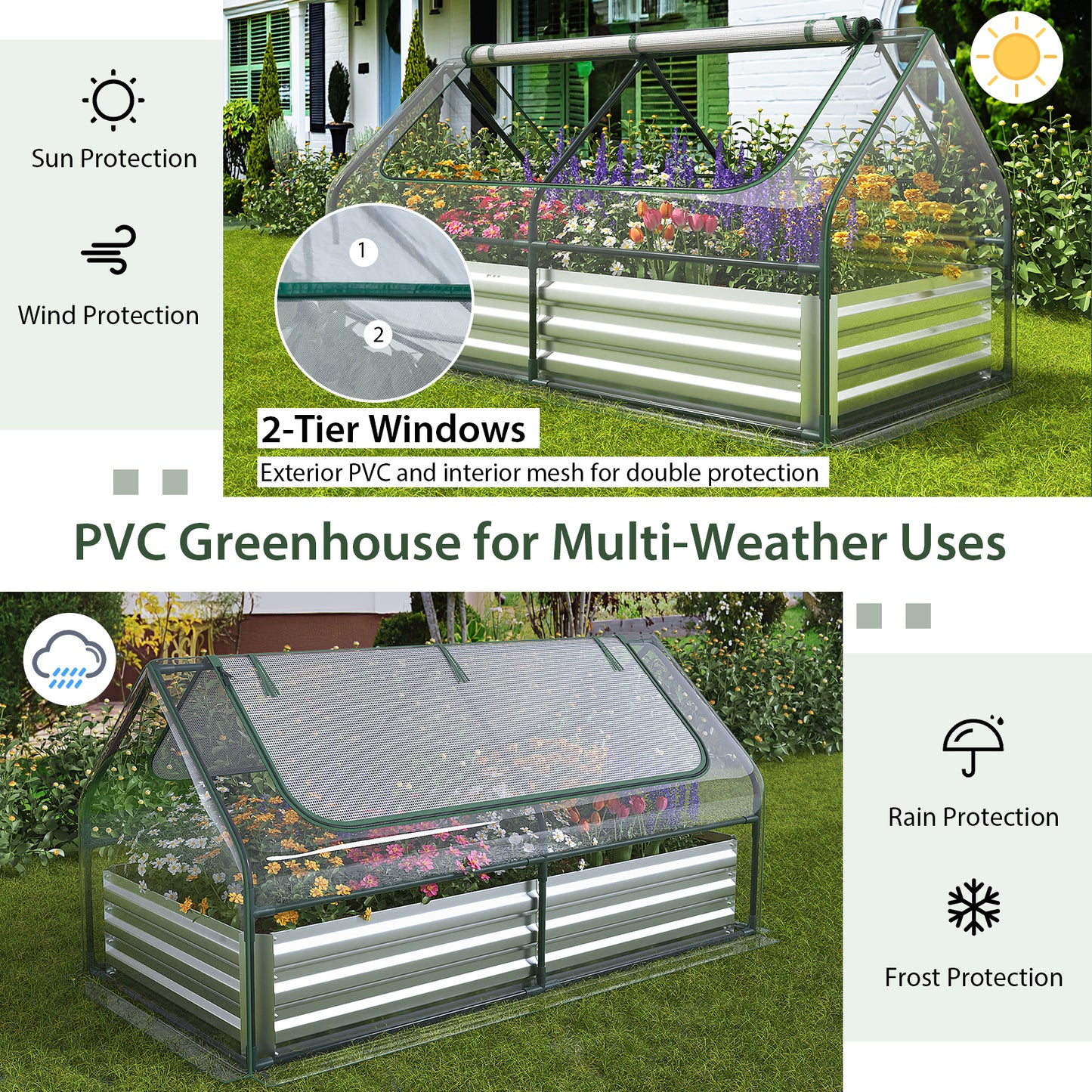 Topbuy 6FT x 3FT x 3FT Galvanized Raised Garden Bed with Greenhouse Bottomless Flower Bed with Clear Cover Outdoor Planter Box Kit