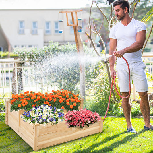 Topbuy 3-Tier Raised Garden Bed Wooden Elevated Planter Box with Open-Ended Base Outdoor Flower Vegetable Herb Growing Planter