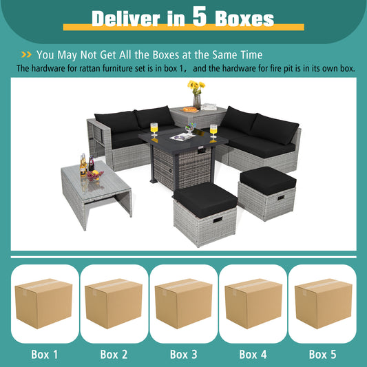 Topbuy 9 Pieces Outdoor Patio Furniture Set with 32-Inch Propane Fire Pit Table Outdoor PE Wicker Space-Saving Sectional Sofa Set with Storage Box and Cushions Black/Gray/Navy/Red/Turquoise/Off White