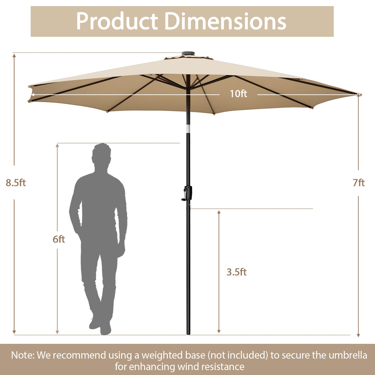 Topbuy 10FT Solar Umbrella Patio Umbrella with 112 LED Lights Outdoor Table Market Umbrella with Crank Lifting Handle & Push Button Tilt System Wine/Navy/Coffee/Beige