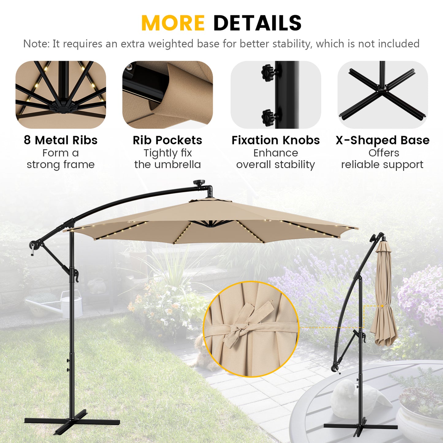 Topbuy 10FT Solar Offset Umbrella Tilted Cantilever Hanging Umbrella with 112 LED Lights Lighted Patio Sun Shade with Crank Handle Wine/Navy/Coffee/Beige