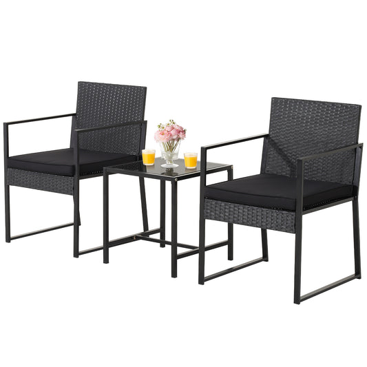Topbuy 3 Pieces Patio Furniture Set Hand-Woven PE Wicker Chairs with Tempered Glass Coffee Table & Soft Cushions Black