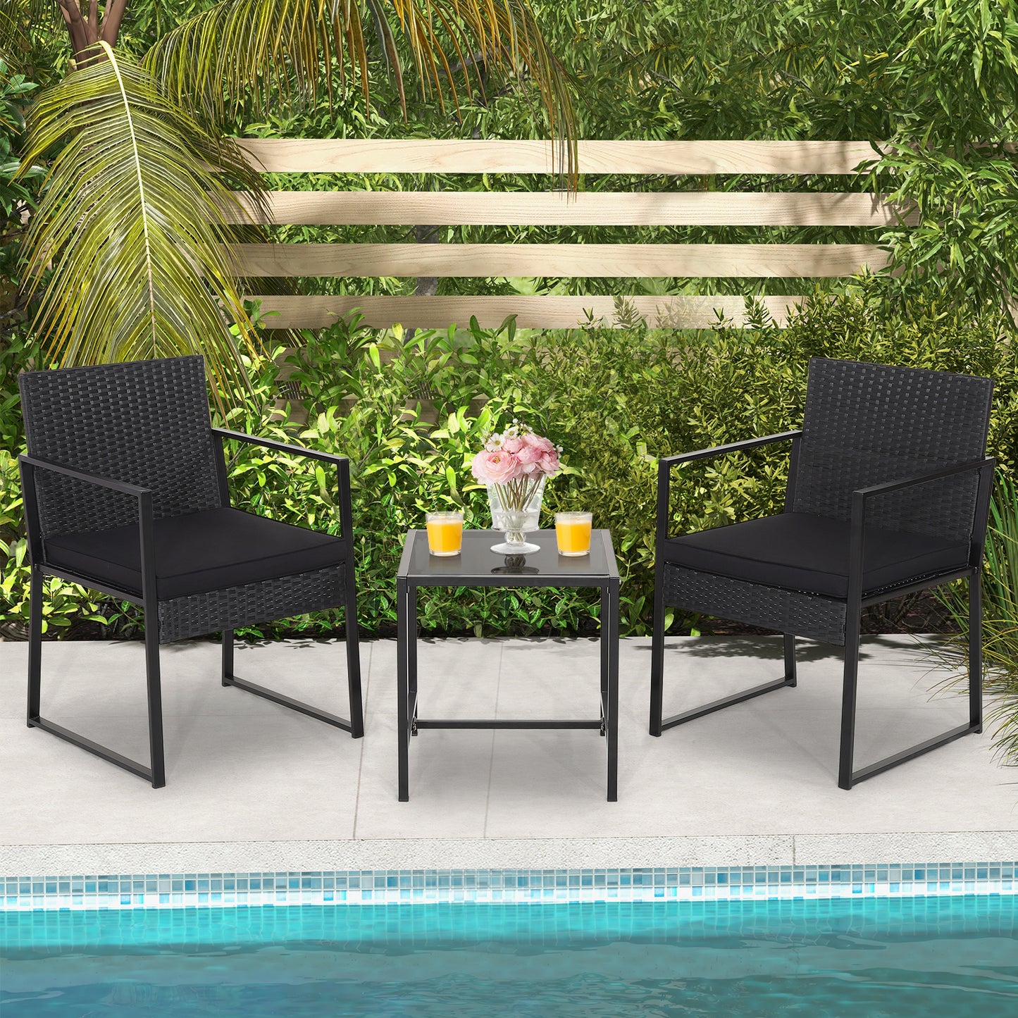 Topbuy 3 Pieces Patio Furniture Set Hand-Woven PE Wicker Chairs with Tempered Glass Coffee Table & Soft Cushions Black