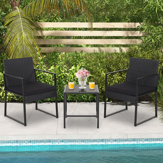 Topbuy 3 Pieces Patio Furniture Set Hand-Woven PE Wicker Chairs with Tempered Glass Coffee Table & Soft Cushions Black