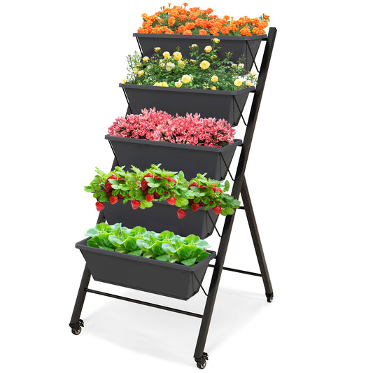 Topbuy 5-Layer Vertical Raised Garden Bed with Wheels Drainage Holes Freestanding Planter with Container Boxes Black