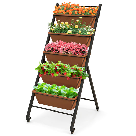 Topbuy 5-Layer Vertical Raised Garden Bed with Wheels Drainage Holes Freestanding Planter with Container Boxes Brown