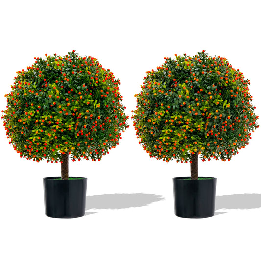 Topbuy 22'' Artificial Boxwood Topiary Ball Tree 2 Pack Faux Bushes Plants with Orange Fruits & Cement Flower Pot