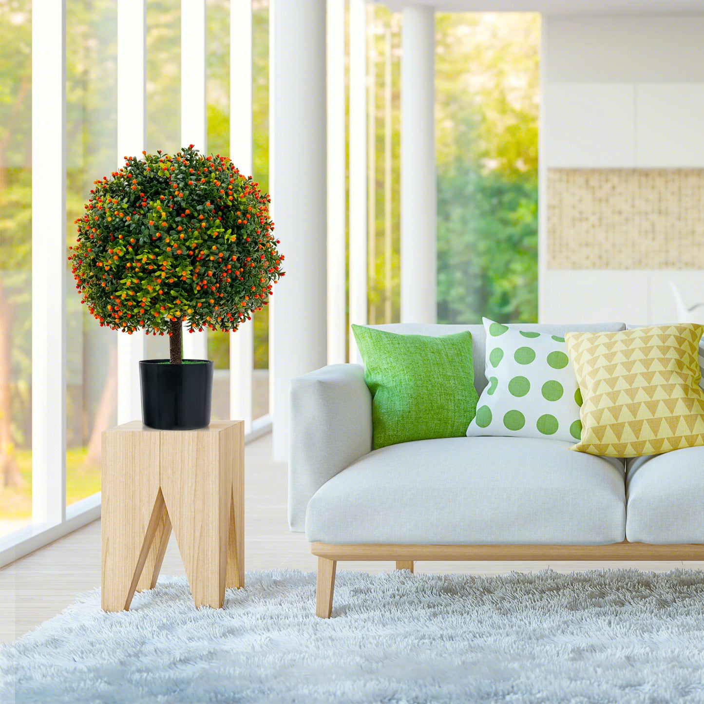 Topbuy 22'' Artificial Boxwood Topiary Ball Tree 2 Pack Faux Bushes Plants with Orange Fruits & Cement Flower Pot