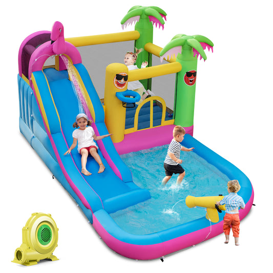 Topbuy 6-In-1 Dry Wet Combo Water Slide Inflatable Bouncy House with Splashing Pool Water Gun & Climbing Wall Blowup Jumping Castle