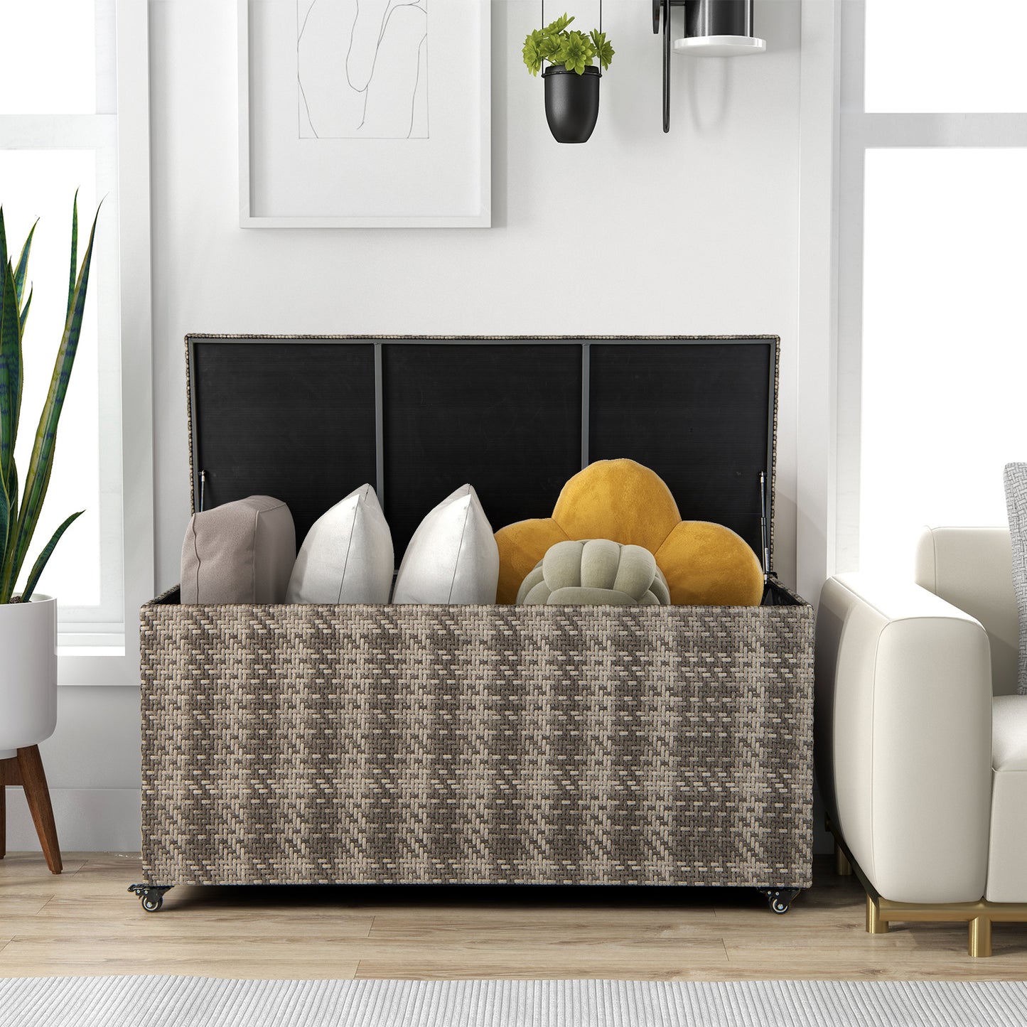 Topbuy 96 Gallon Outdoor Storage Box PE Wicker Deck Box with 4 Wheels & Waterproof Liner Patio Rattan Storage Container Mix Brown/Grey