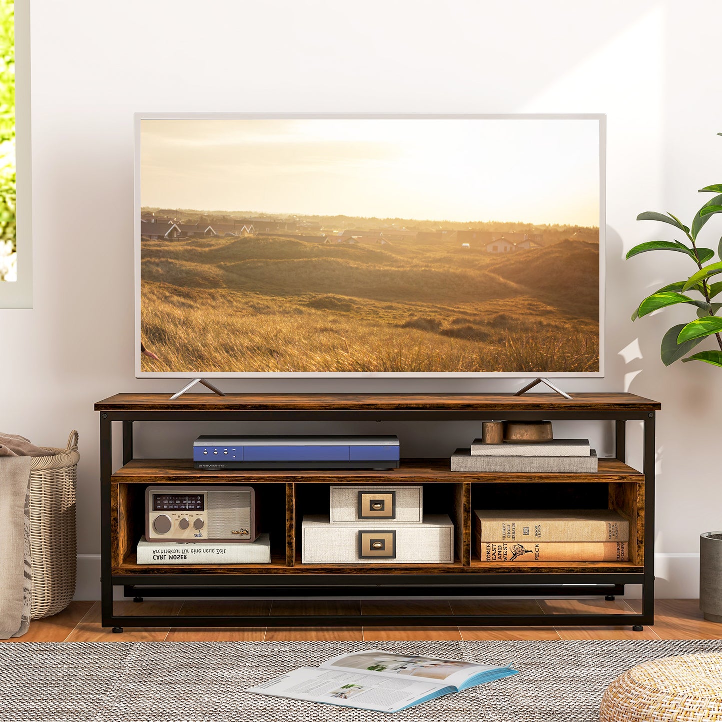 Topbuy TV Stand for TVS up to 50'' Industrial Style TV Cabinet with Heavy-duty Metal Frame Open Shelf & 3 Storage Cubbies