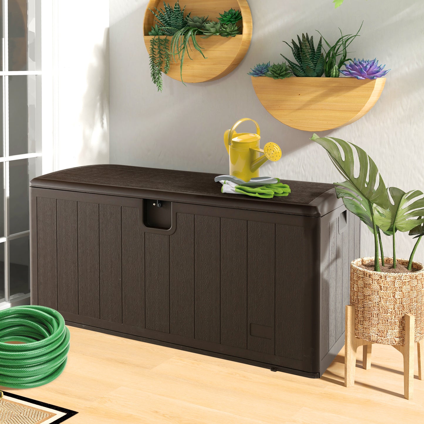 Topbuy 130 Gal Large Resin Deck Box Weather-resistant Resin Box w/ Hydraulic Lift Lid & Lock Hole Storage Bin for Cushions