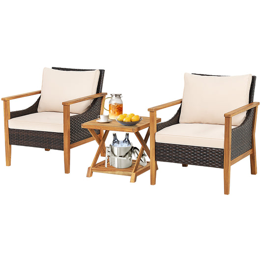 Topbuy 3 Pieces PE Wicker Patio Bistro Set Outdoor Acacia Wood Conversation Set with Cushions and 2-Tier Coffee Table