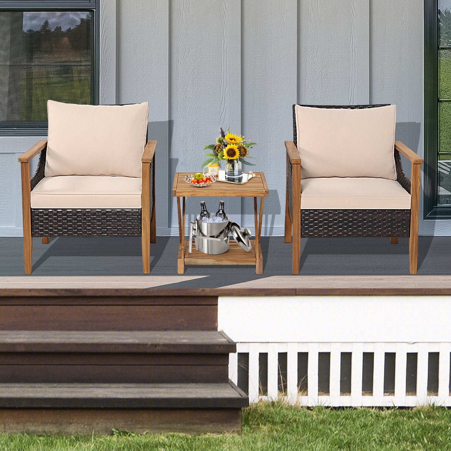 Topbuy 3 Pieces PE Wicker Patio Bistro Set Outdoor Acacia Wood Conversation Set with Cushions and 2-Tier Coffee Table