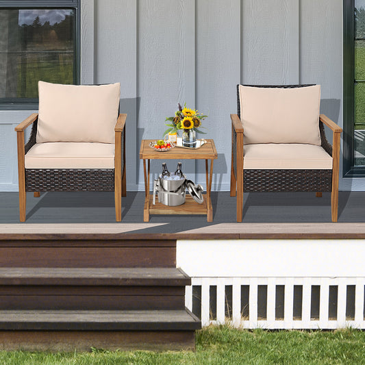 Topbuy 3 Pieces PE Wicker Patio Bistro Set Outdoor Acacia Wood Conversation Set with Cushions and 2-Tier Coffee Table