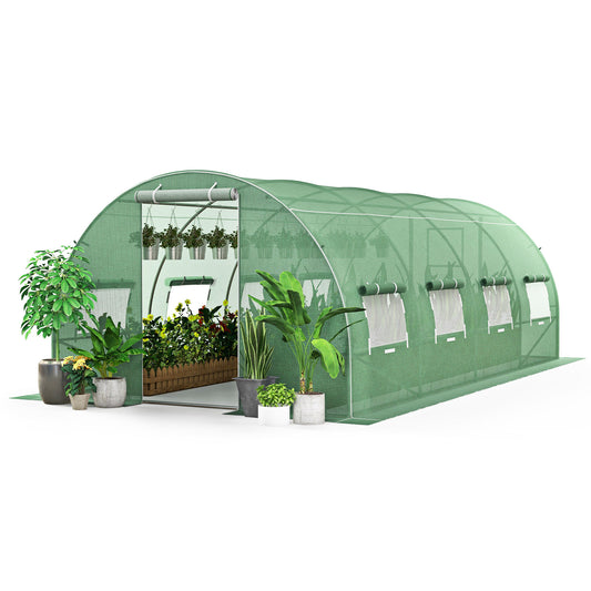 Topbuy 20 x 10 x 6.6 FT Outdoor Walk-in Greenhouse Tunnel Plants Green Garden Hot House w/ 10 Roll-up Windows