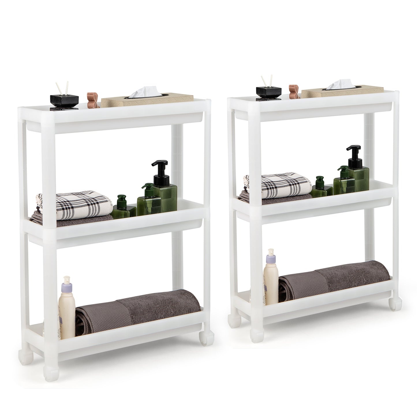 Topbuy 2 Pack 3 Tier Slim Rolling Storage Carts with Wheels Detachable Utility Carts with Drainage Holes Laundry Room Organizations