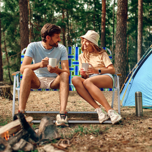 Topbuy Folding Double Beach Chair Portable 2-Person Webbed Camping Chair/ Armrests & Non-slip Foot Pads Outdoor Lightweight Loveseat