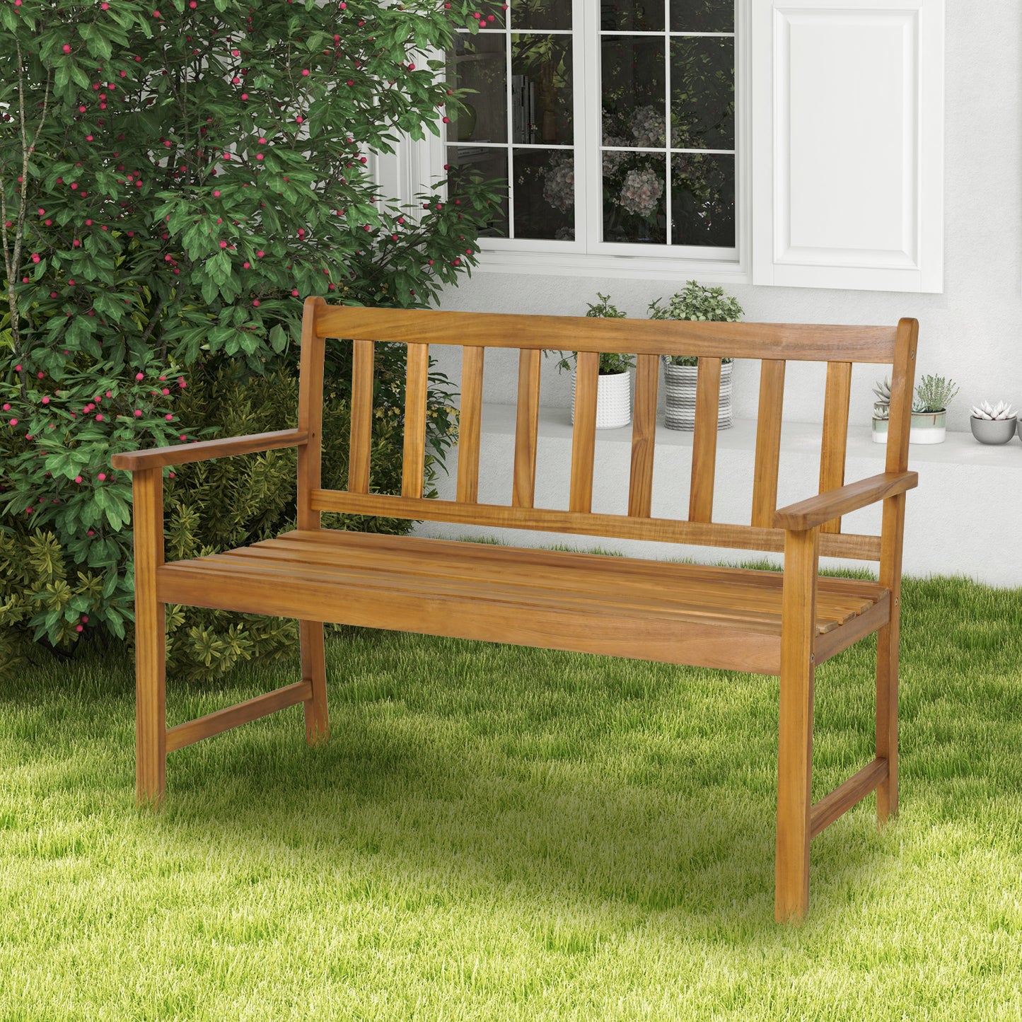 Topbuy 2-Person Outdoor Bench Patio Wooden Bench with Ergonomic Backrest & Armrests All-weather Acacia Wood Frame 48''x 22''