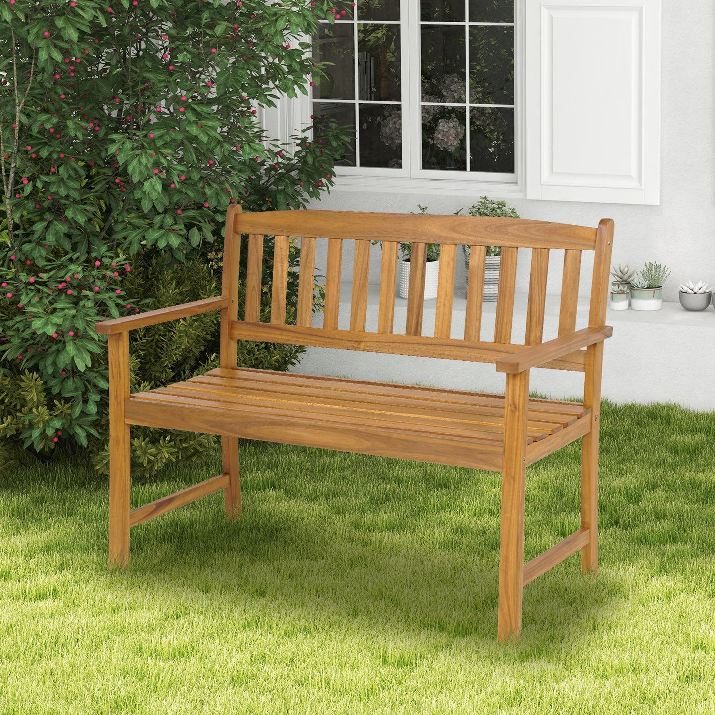 Topbuy 2-Person Outdoor Bench Patio Wooden Bench with Ergonomic Backrest & Armrests All-weather Acacia Wood Frame 43''x 22''