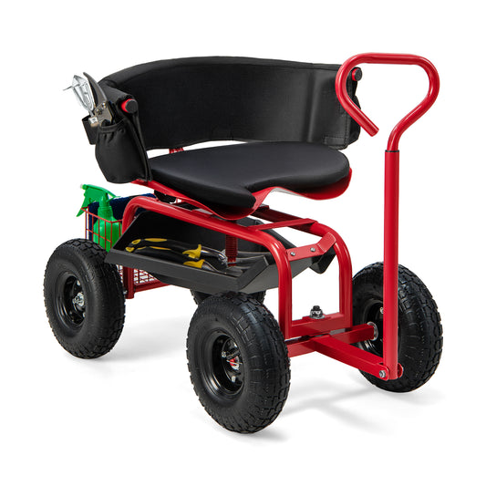 Topbuy Garden Cart Rolling Scooter patio wagon scooter w/360?? Swivel Seat Storage Basket Backrest Extendable Handle Utility Tool Storage Tray