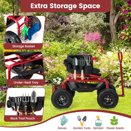 Topbuy Garden Cart Rolling Scooter patio wagon scooter w/360?? Swivel Seat Storage Basket Backrest Extendable Handle Utility Tool Storage Tray