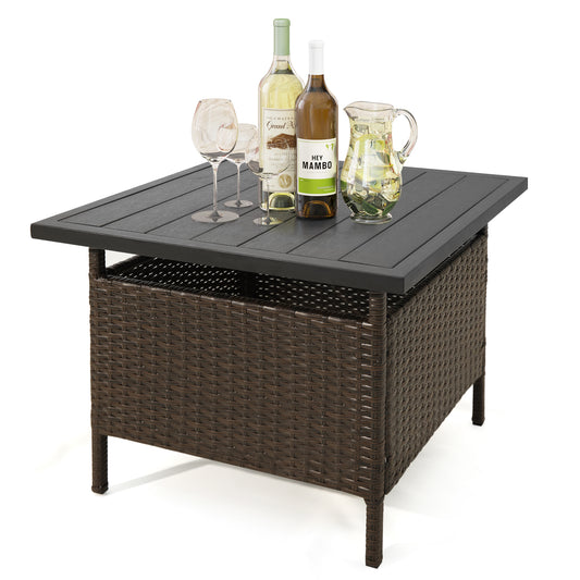 Topbuy Outdoor Wicker Table Rattan Coffee Table w/ Umbrella Insert Hole PE Tabletop & Sturdy Metal Frame