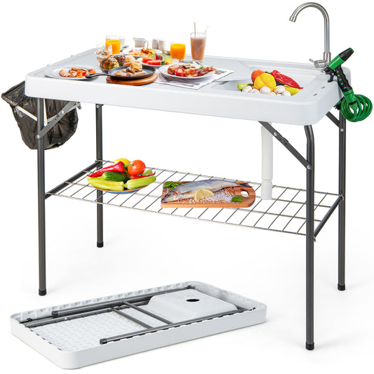 Topbuy Folding Fish Cleaning Table Fish Fillet Station w/ 360?? Rotatable Faucet & Sink & Spray Nozzle & Drain Pipe Outdoor Camping Table