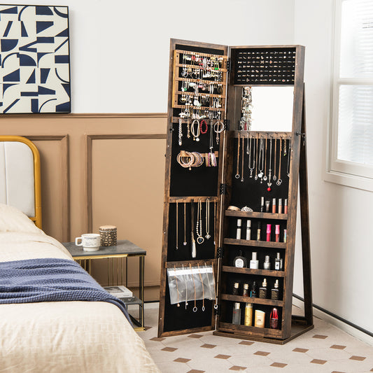 Topbuy Lockable Jewelry Cabinet Large Capacity Makeup Organizer with Full-Length Mirror Built-in Makeup Mirror 5 Storage Shelves