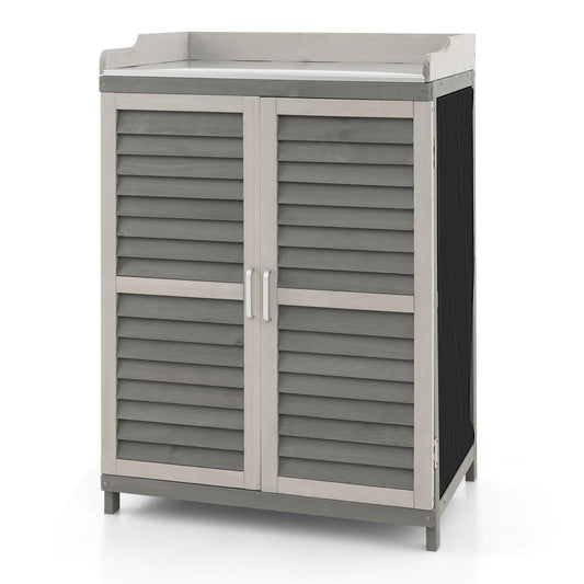 Topbuy Wooden Garden Potting Bench Table Outdoor Storage Cabinet with Metal Plated Tabletop 2 Storage Shelves