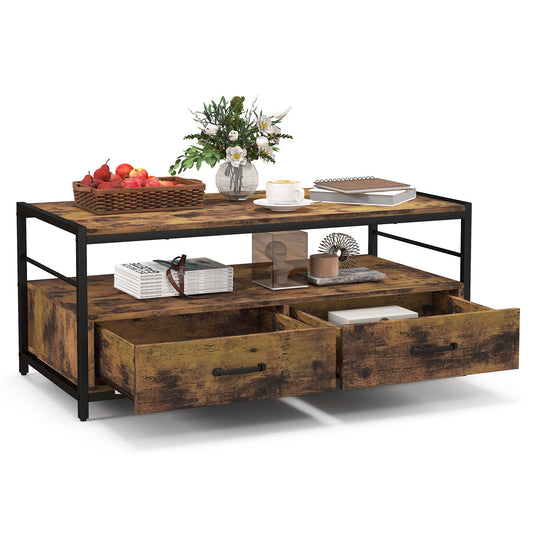 Topbuy Coffee Table w/ Storage Drawers & Shelf Rectangular Industrial Home Tea Table Heavy-duty Metal Frame Center Cocktail Table