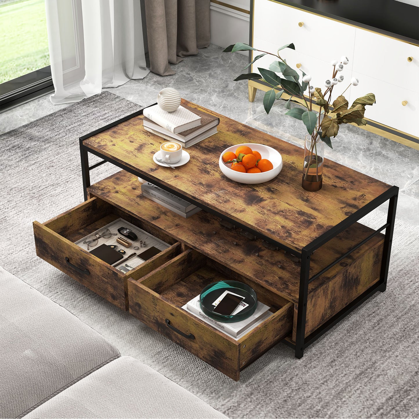 Topbuy Coffee Table w/ Storage Drawers & Shelf Rectangular Industrial Home Tea Table Heavy-duty Metal Frame Center Cocktail Table