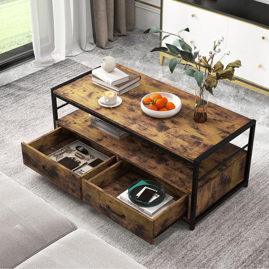 Topbuy Coffee Table w/ Storage Drawers & Shelf Rectangular Industrial Home Tea Table Heavy-duty Metal Frame Center Cocktail Table