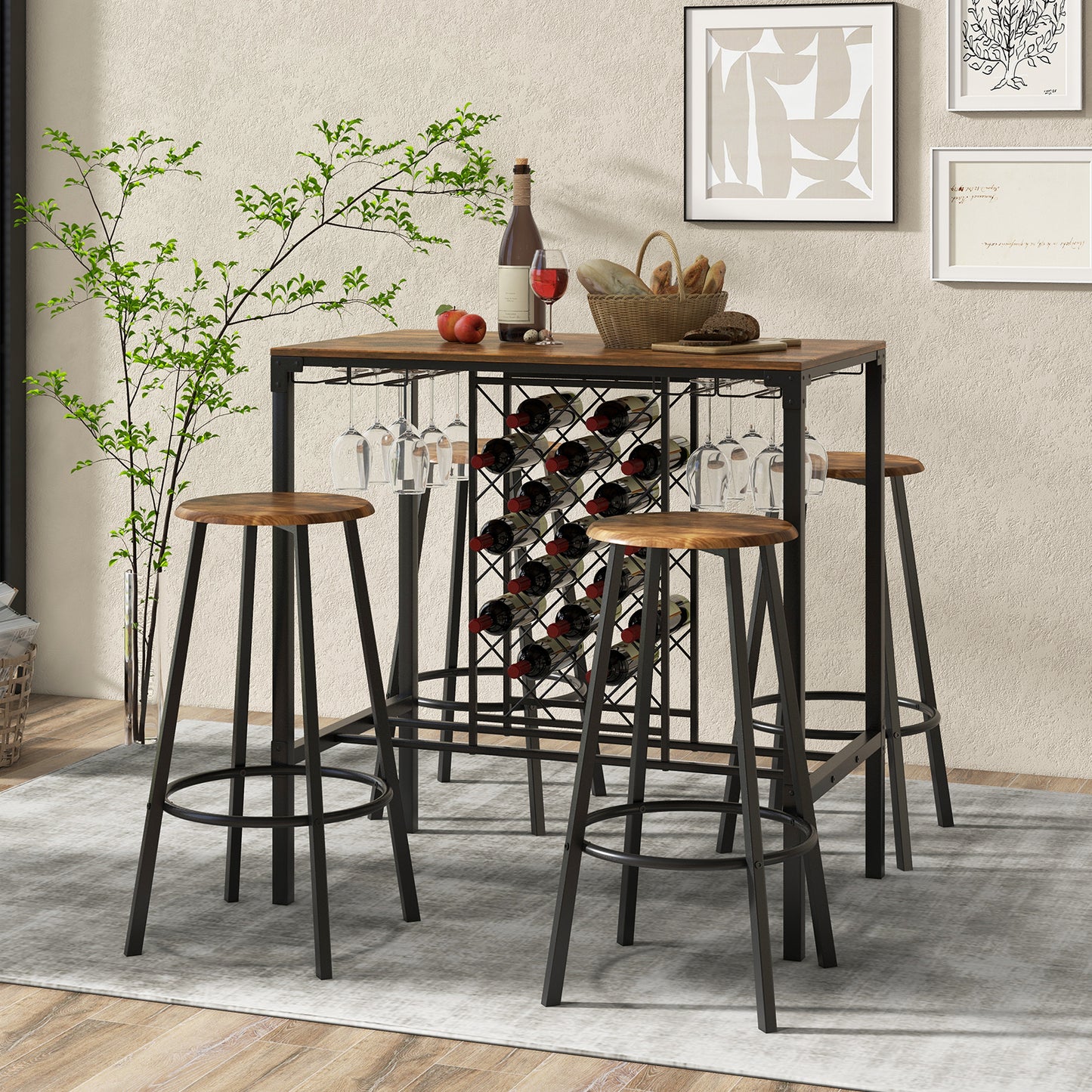 Topbuy 5-Piece Bar Height Dining Set 4-Person Bar Table and Stools Set with Wine Racks & Glass Holders Home Kitchen Breakfast Table Set