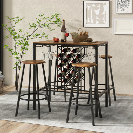 Topbuy 5-Piece Bar Height Dining Set 4-Person Bar Table and Stools Set with Wine Racks & Glass Holders Home Kitchen Breakfast Table Set